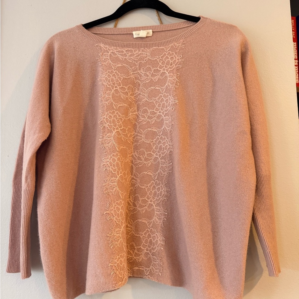 Garnet Hill Dusty Pink Lace-Front Crewneck Sweater